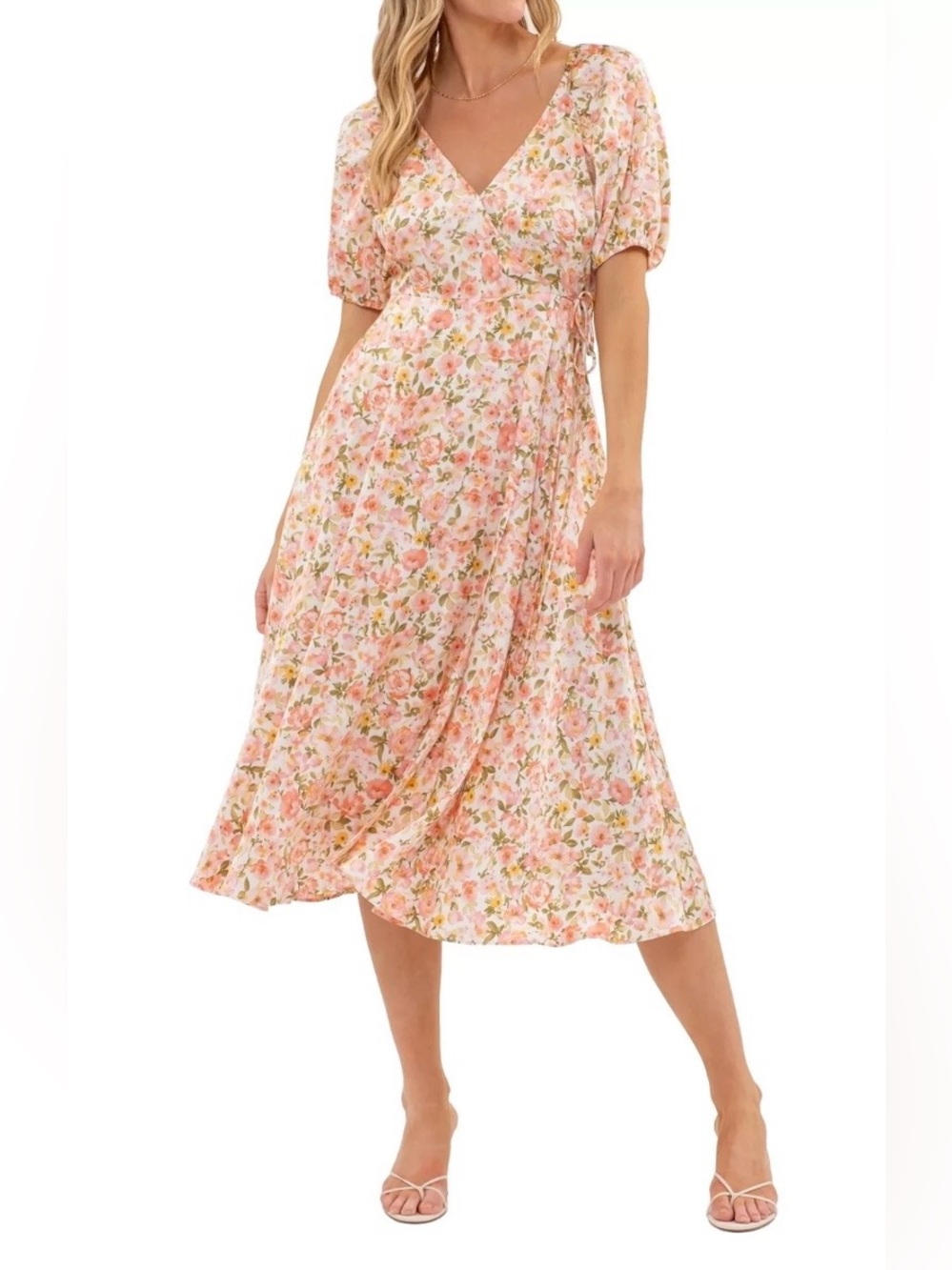 August Sky Women’s V-Neckline Wrap Floral Midi Dress Size Large